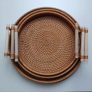 Serving Tray Handcrafted Round Brown Rattan Set Of 3